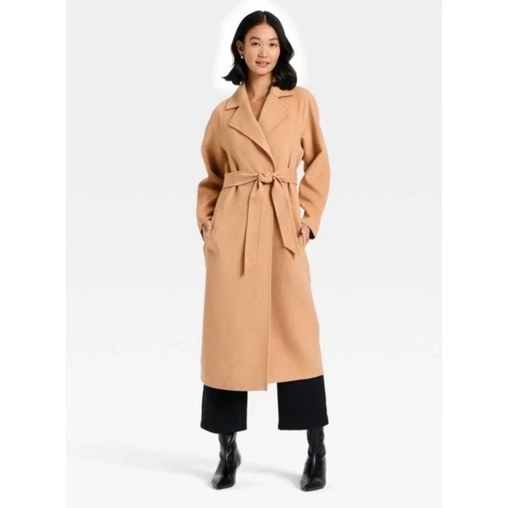 Target A New Day Women's Double Faced Wrap Coat, Tie Front, Camel Tan Brown